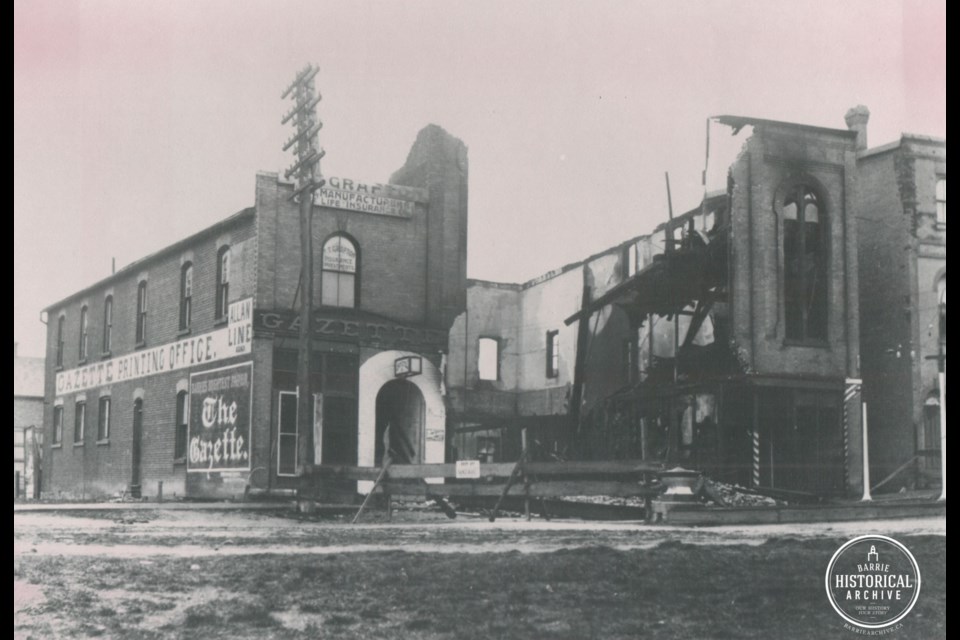 The King's Music Hall in downtown Barrie is shown following a destructive fire in November 1909. Photo courtesy of the Barrie Historical Archive