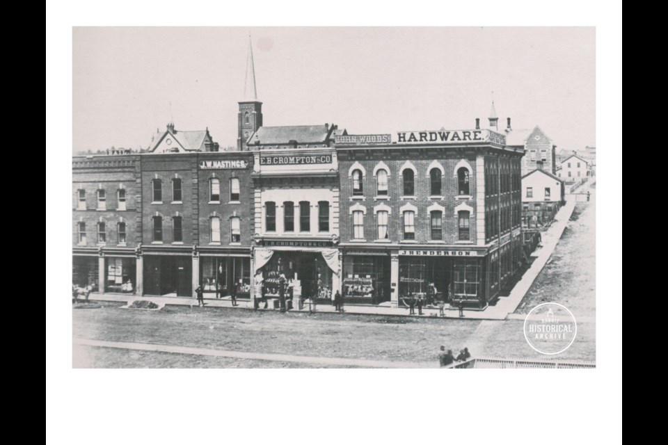 The corner of Owen Street and Dunlop Street East where the elder Mr. Sanford had one of the first shops in Barrie, prior to this brick structure. Photo courtesy the Barrie Historical Archive