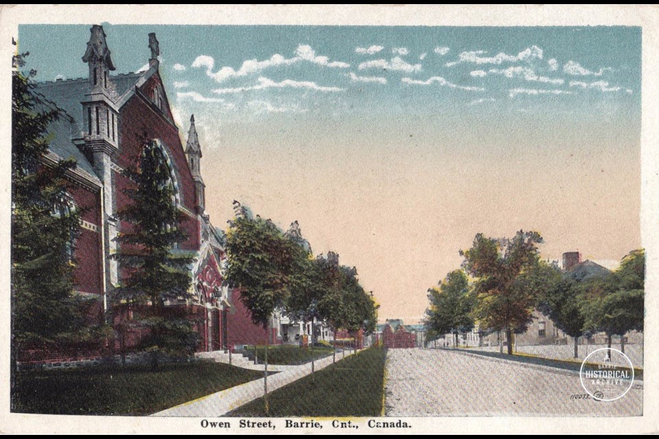 St. Andrew's Presbyterian Church, located on Owen Street in downtown Barrie, is shown in an undated postcard. Courtesy of the Barrie Historical Archive