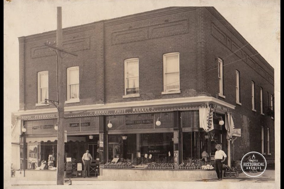 The former Barrie Fruit Market building at Dunlop and Toronto streets in downtown Barrie as it appeared around 1930. Photo courtesy of the Barrie Historical Archive