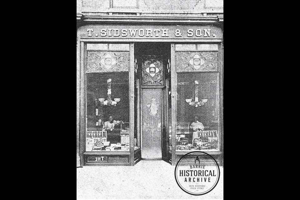 The T. Sidsworth & Son storefront as it appeared circa 1898. Photo courtesy of the Barrie Historical Archive