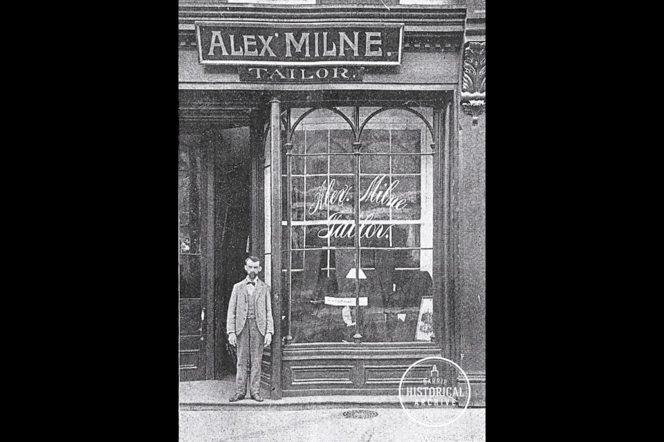 Tailor Alex Milne's store, located at 55 Dunlop St. E., in 1905. 