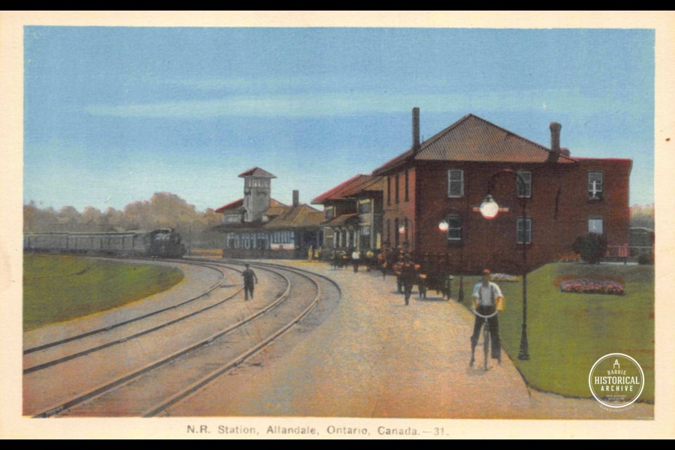 A train arrives at the station in Allandale in this postcard image. Photo courtesy of the Barrie Historical Archive