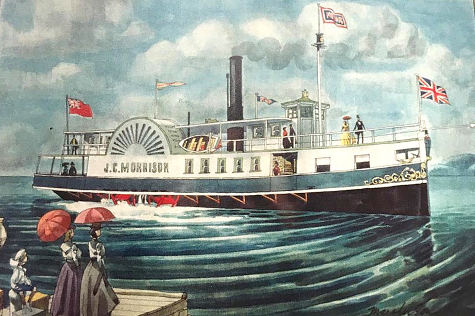 An 1855 painting shows the J.C. Morrison side-wheel paddle vessel during its brief time on Lake Simcoe. The steamer eventually sank near what is now Centennial Beach in Barrie after catching fire in 1857.