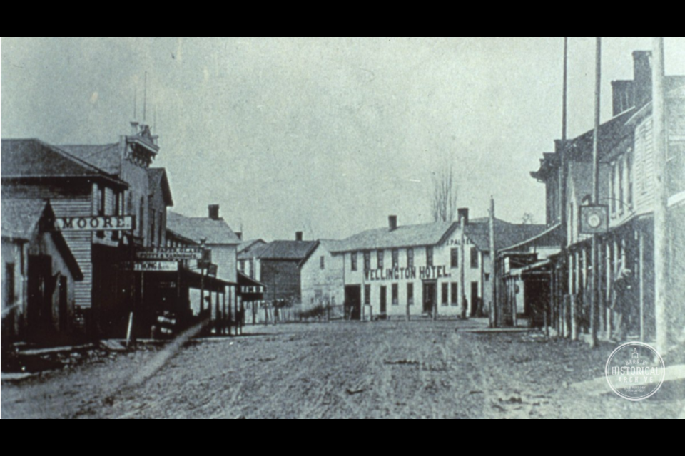 Five Points in the late 1860s. The Simcoe Hotel would have been a wooden structure, much like these, during Elizabeth Meyer's time.