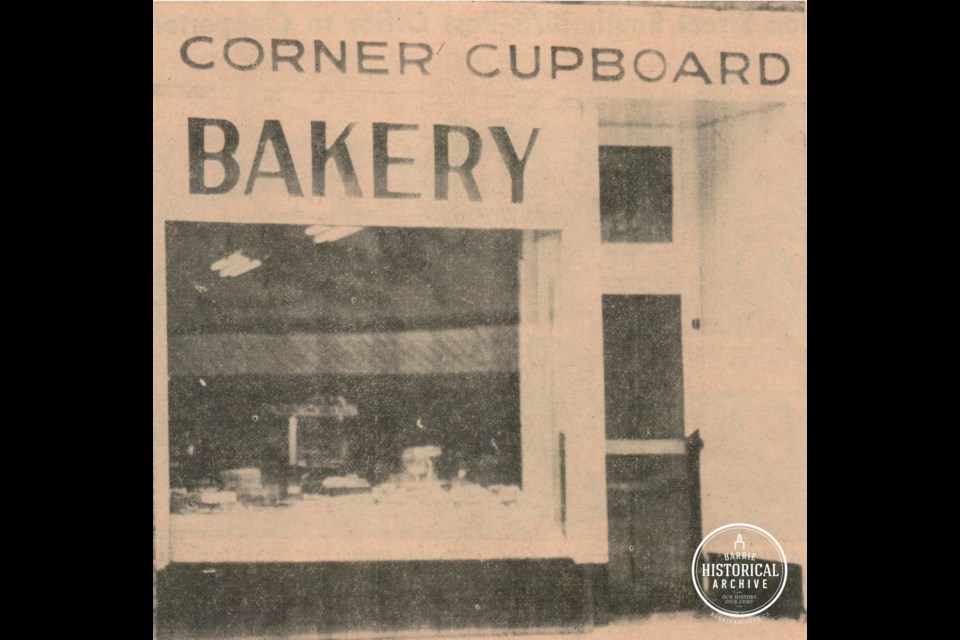 A newspaper clipping shows the Corner Cupboard Bakery on Dunlop Street East as it appeared in 1953.