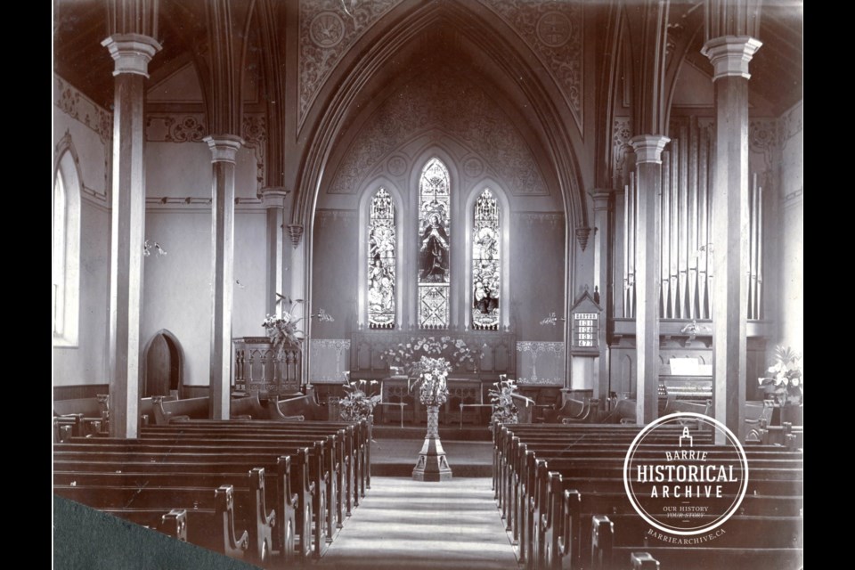 The interior of Trinity Anglican Church in 1908.