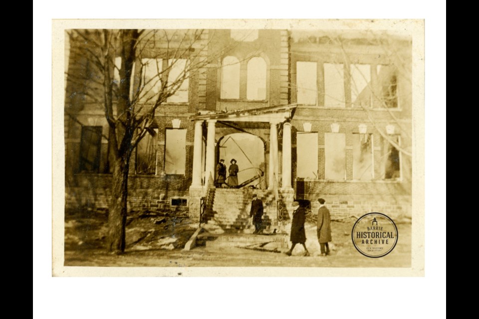 Barrie's collegiate institute lies in ruins after a December 1916 fire. Photo courtesy of Barrie Historical Archive