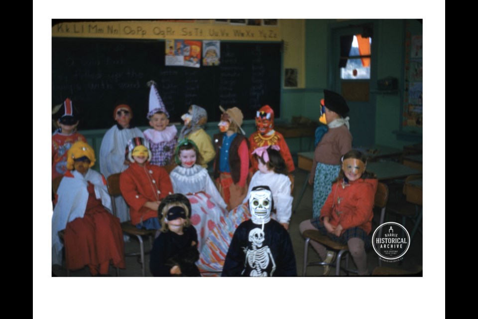Halloween in 1959 at Mrs. Goodfellow's Grade 2 class, Innisfil Huronia Public School. Photo courtesy of the Barrie Historical Archive