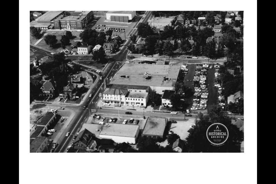 An aerial view of Toronto Street and Dunlop Street West in the 1960s. The former location of the Active Service Men's Club appears to be gone. Photo courtesy the Barrie Historical Archive