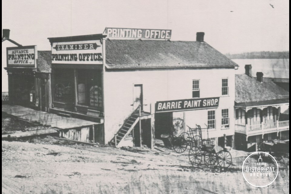 The Examiner Printing Office on Mulcaster Street as it appeared in 1876. Photo courtesy of the Barrie Historical Archive