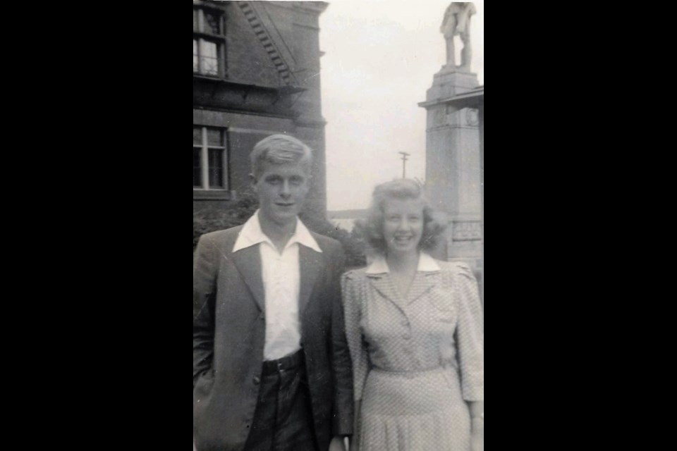 Ted Rodgers and Peggy Newman, taken in Barrie in front of the old post office and the cenotaph. Contributed image