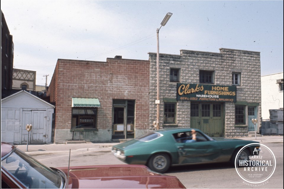 The buildings just north of the Simcoe Hotel on the west side of Clapperton Street where Lucky Devil Tattoos and Piercings sits today. Shown in 1972.