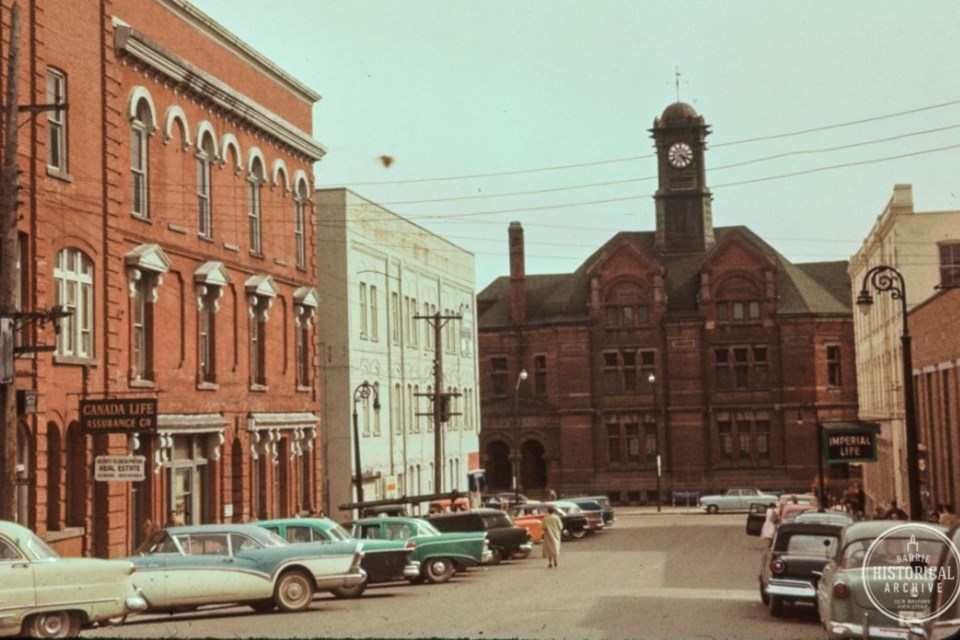 Looking south on Owen Street in downtown Barrie toward the old Post Office, in the 1950s.