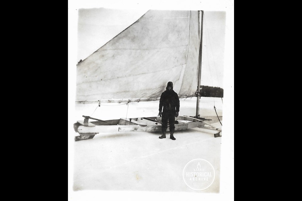 Lloyd Smith with an iceboat on the north shore of Kempenfelt Bay sometime around 1941.