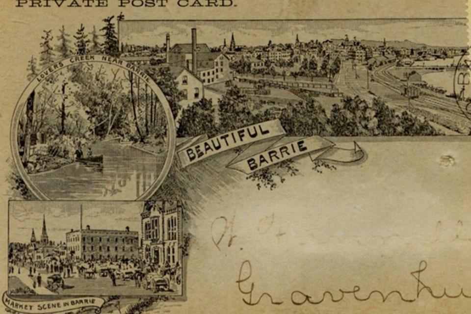 A postcard featuring scenes of Barrie sent to Gravenhurst in 1895.