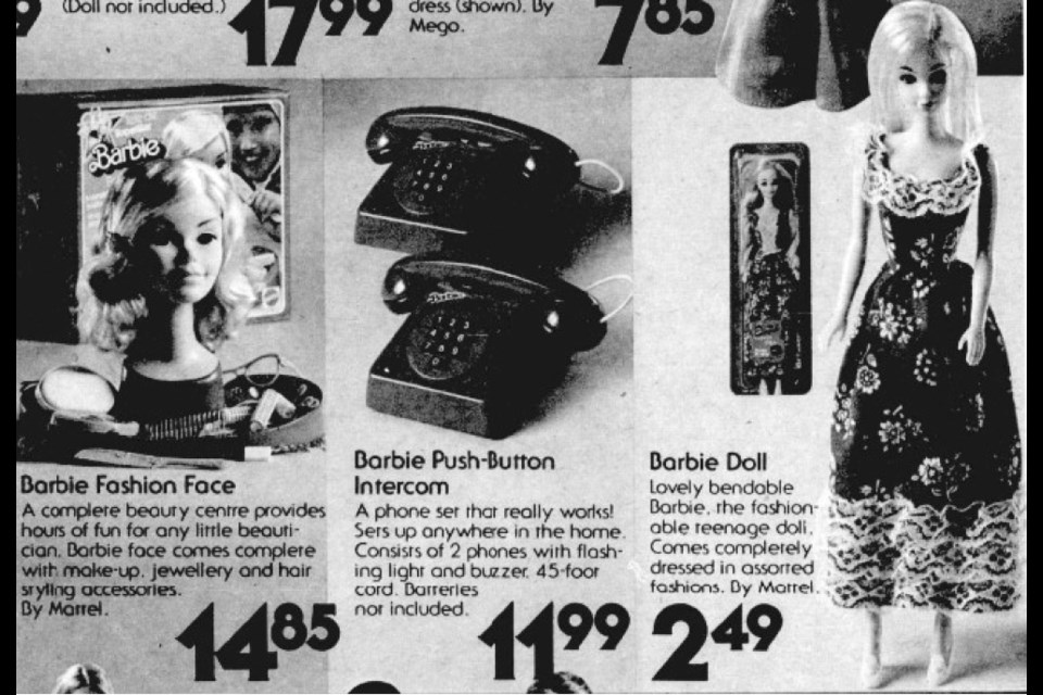 A newspaper ad for Barbie accessories sold in Towers on Bayfield Street at Christmas 1977.