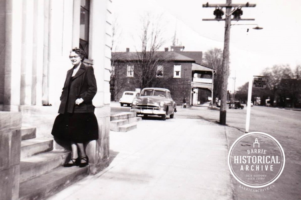 Marjorie Hamilton, Barrie's first female mayor, on the steps of city hall in 1951.