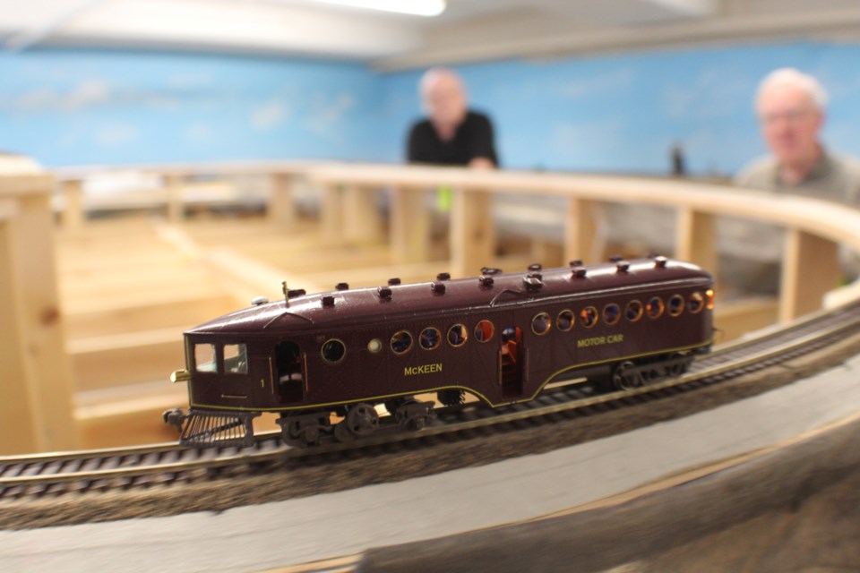 Barrie Allandale Railway Modellers club members Dave Warnica, left, and Dave Wetherald run through a demonstration of their set-up at the club's Bradford Street location. Raymond Bowe/BarrieToday