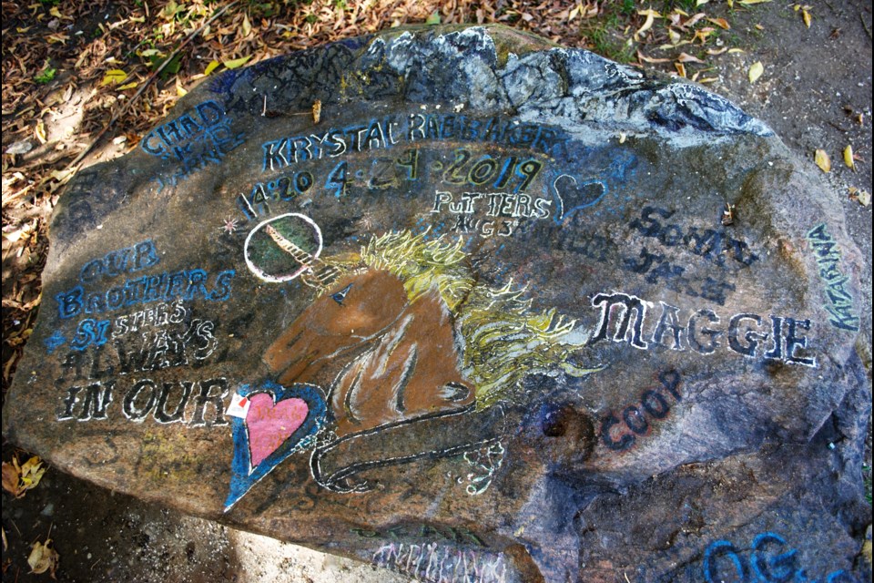 The Rock in a wooded area in Barrie stands as a memorial to people who have died while homeless in Barrie. Jessica Owen/BarrieToday