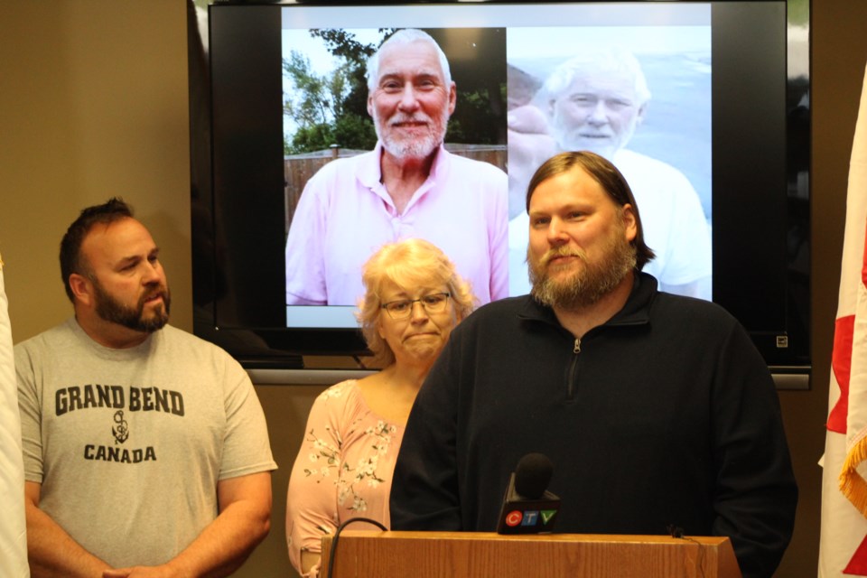 The family of Ken Armstrong speaks at a news conference in Innisfil, Wednesday morning, mere moments after he was discovered alive in a wooded area near 25 Side Road and the 9th Line. From left are Darren Armstrong, Cathey Armstrong and Kenneth Armstrong. Raymond Bowe/BarrieToday