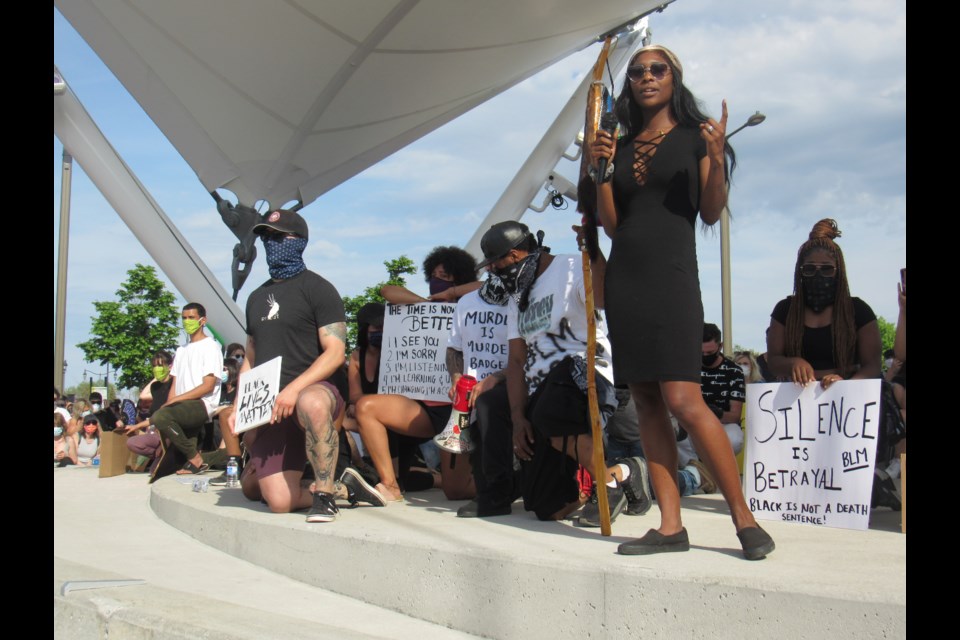 Shanicka (Shak) Edwards speaks to the thousands gathered at Meridian Place for the Justice For Blacks Lives protest on Thursday, June 4, 2020. Shawn Gibson/BarrieToday                               