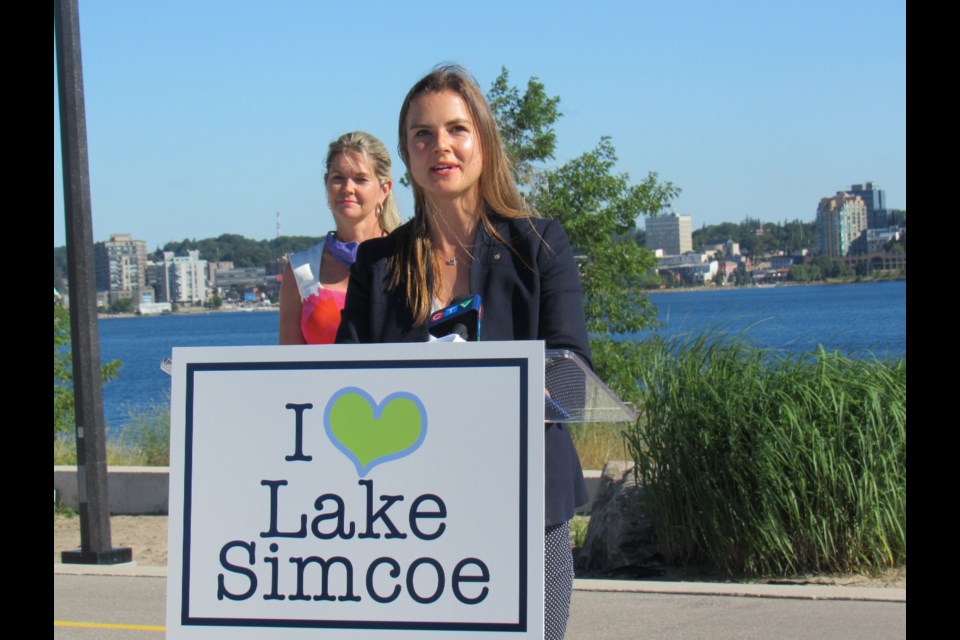 Barrie-Innisfil MPP Andrea Khanjin announces $581,000 in funding to keep Lake Simcoe healthy, on Friday, July 17. Looking on is Simcoe North MPP Jill Dunlop. Shawn Gibson/BarrieToday