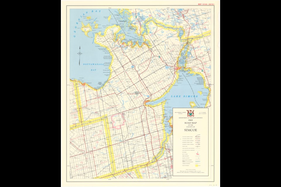A road map of the County of Simcoe drawn in 1969, after Barrie and Orillia became separated cities. Image courtesy of Simcoe County Archives  (979-38)