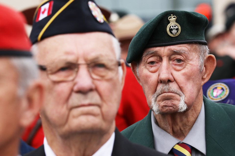 Veterans at the cenotaph at Memorial Square in downtown Barrie on Remembrance Day, Friday, Nov. 11, 2022.
