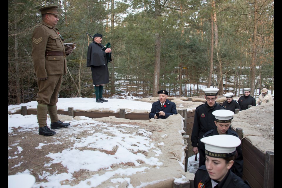 Canadian Forces Base Borden hosts a ceremony to mark the 101st anniversary of the Battle of Vimy Ridge. On Monday April 9 2018. Members from CFB Borden and the public took part in a ceremony of remembrance at the historical training trenches site on Expeditionary Force Road. Photo by Cpl Stuart Evans, CFB Borden Imagery
CB02-2017-0163-001