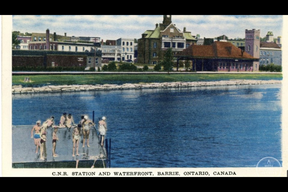Swimmers preparing to take a dip in Kempenfelt Bay. 1953