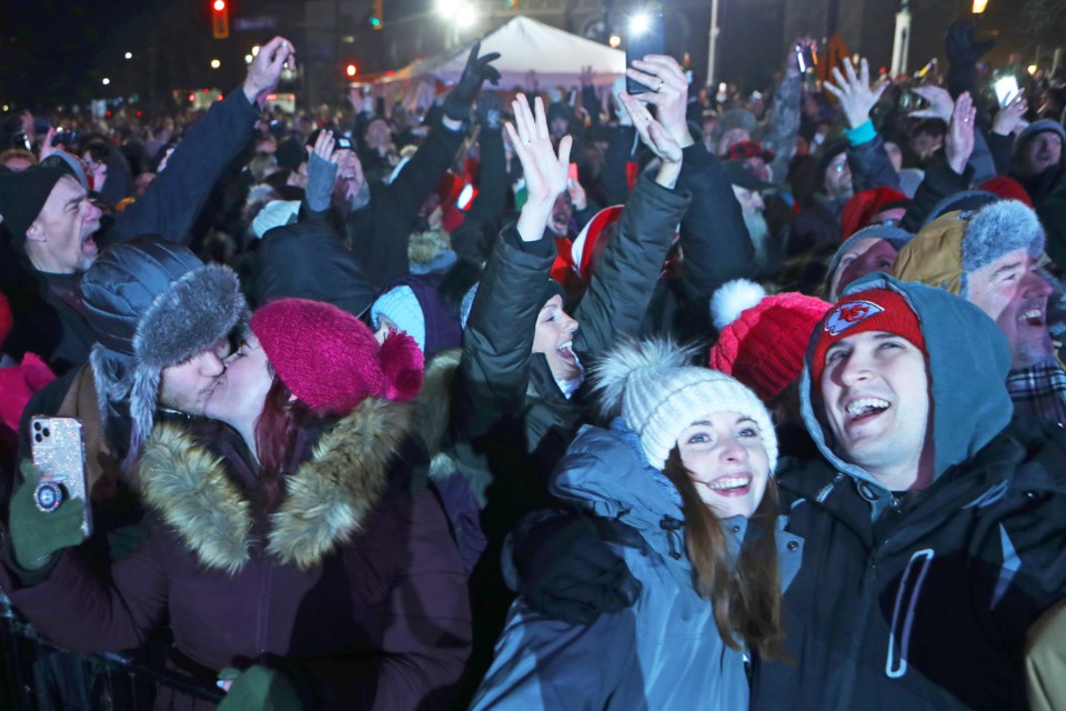 Jubilation at the moment the clock struck midnight on New Year's Eve downtown at Barrie City Hall. Kevin Lamb for BarrieToday