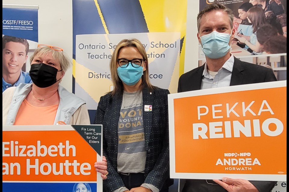 From left are Simcoe North NDP candidate Elizabeth Van Houtte, OSSTF/FEESO president Karen Littlewood, and Barrie-Innisfil NDP candidate Pekka Reinio, Tuesday. 