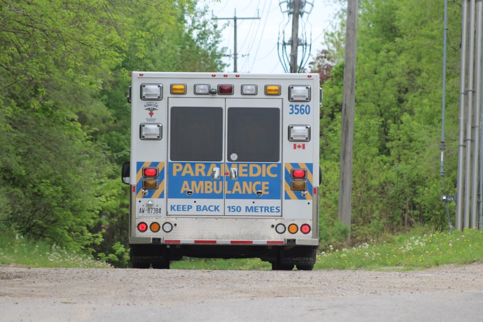 An ambulance sits at the Boys Street entrance to Audrey Milligan Park, referred to locally as Milligan's Pond, on Thursday, May 28, 2020. Raymond Bowe/BarrieToday