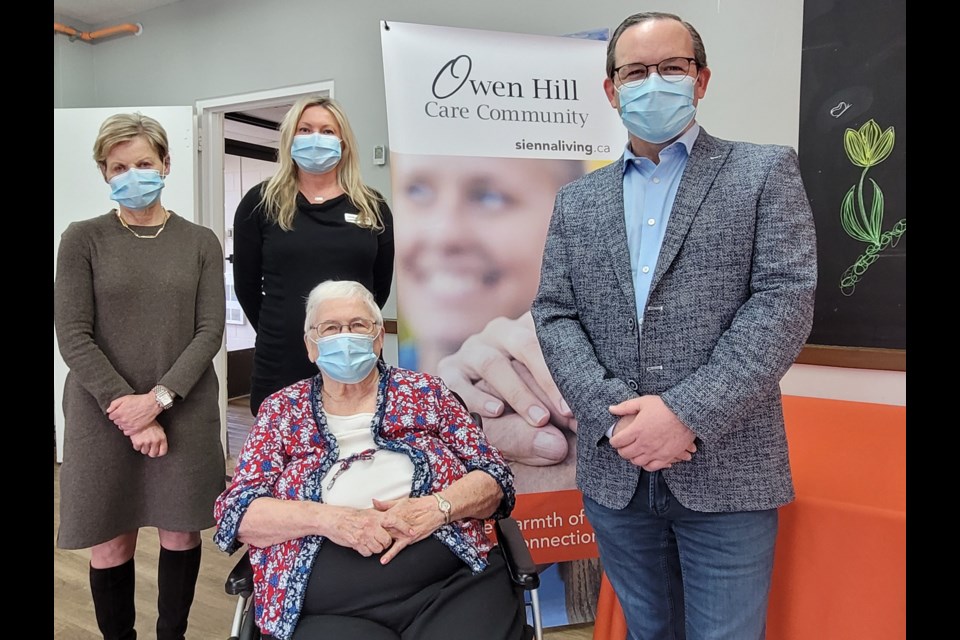 On hand for Wednesday's funding announcement at Owen Hill Care Community in Barrie were, from left Sienna Senior Living's Nancy Webb, Owen Hill executive director Lenka Fousek, residents' council president Phyllis Wilhelm, and Barrie-Springwater-Oro-Medonte MPP Doug Downey.