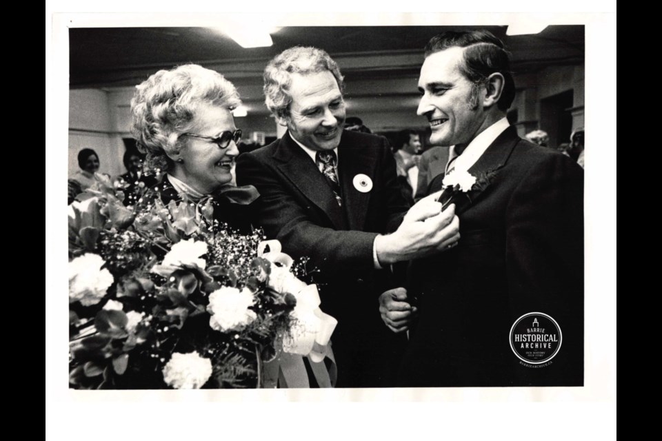 This photo from the mid-1970s shows Ross Archer, right, with his wife, Marie, after Mr. Archer won his first municipal election to become the city's mayor. Mr. Archer died on Nov. 5, 2018. Photo courtesy Barrie Historical Archive