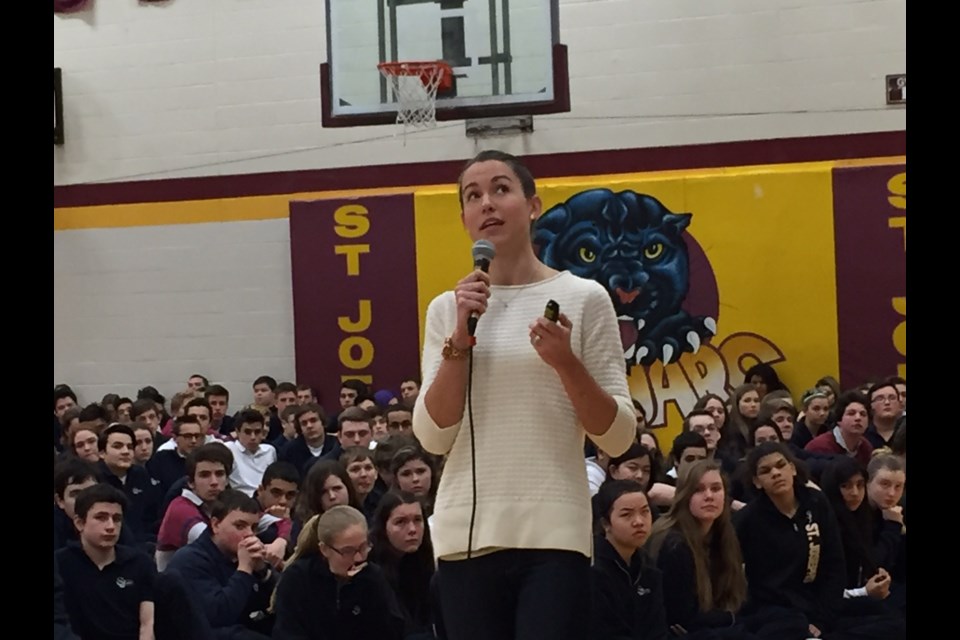 April Reimer talks to students at St. Joseph's Catholic High School about cyber-bullying.  Sue Sgambati/BarrieToday