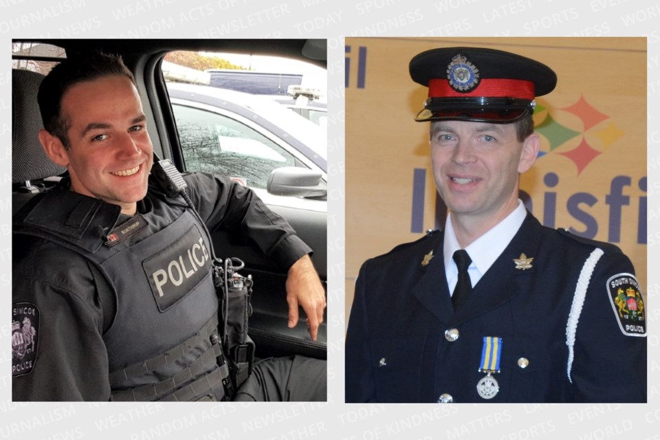 South Simcoe police Const. Devon Northrup (left) and Const. Morgan Russell were killed after responding to a disturbance call at an Innisfil home on Tuesday, Oct. 11, 2022. Their funeral service will be held this morning at Sadlon Arena in south-end Barrie. 