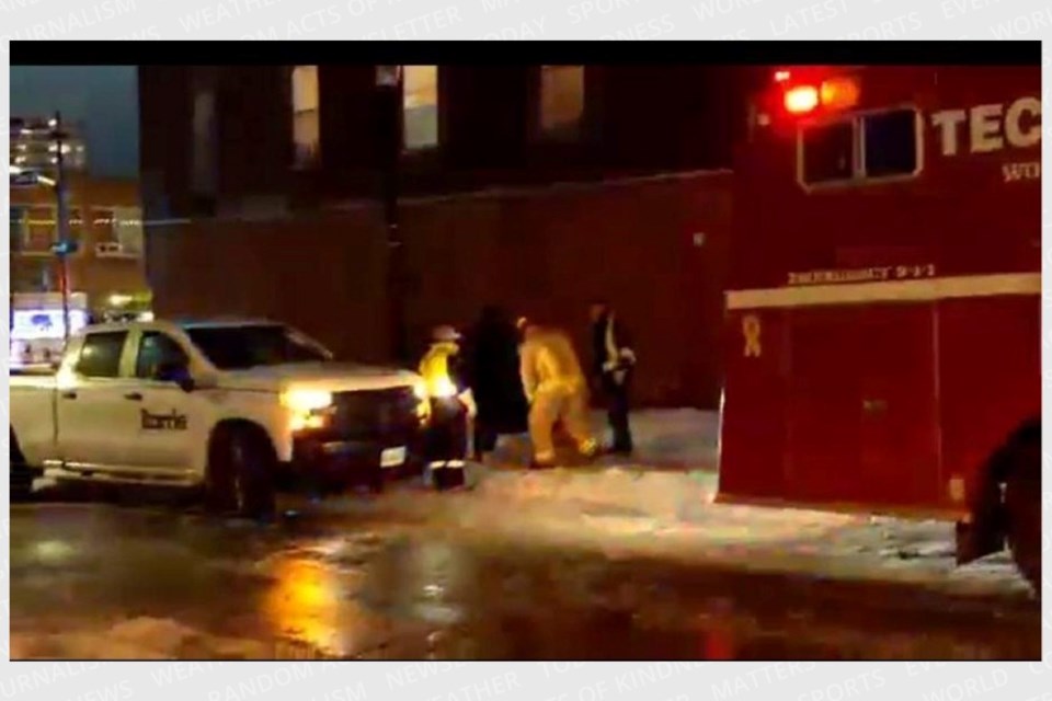 One person suffered minor injuries after falling into an open manhole in downtown Barrie, Friday night. 