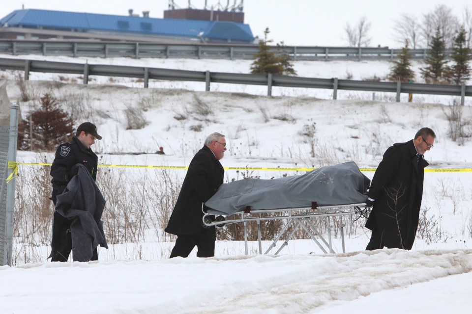 Barrie police recover a body that was found near the Duckworth Street interchange at Highway 400 on Monday, Feb. 19, 2018. Kevin Lamb for BarrieToday.