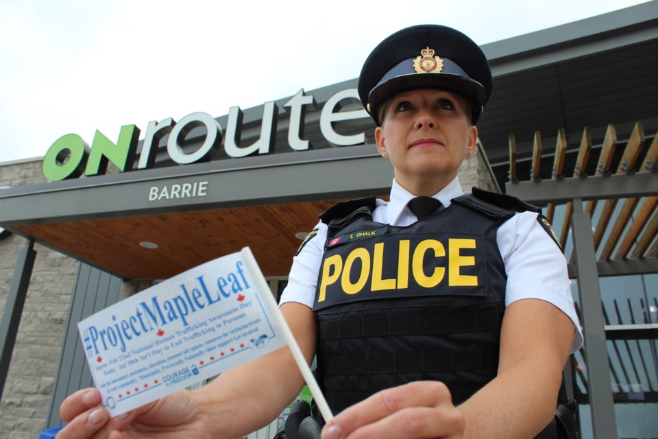 Insp. Tina Chalk, of the OPP's counter-exploitation and missing persons section, was on hand Tuesday, July 30, 2019 for an announcement regarding tips to spot human trafficking that will be displayed on electronic messaging boards at ONroute locations, including one in Barrie on Highway 400 near Essa Road. Raymond Bowe/BarrieToday