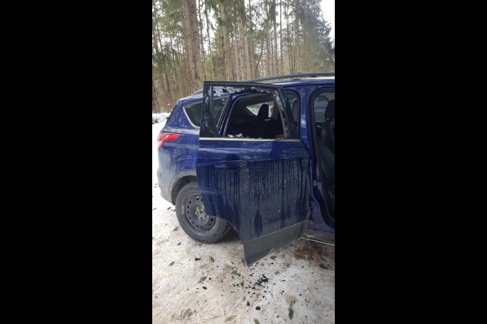 This vehicle was hit by thieves in a smash-and-grab at a trailhead in Springwater Township on the weekend. 