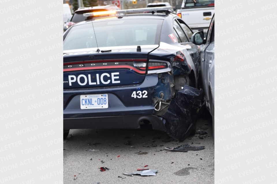 A Barrie police was damaged Wednesday morning on Ferndale Drive while stopping a suspected impaired driver.