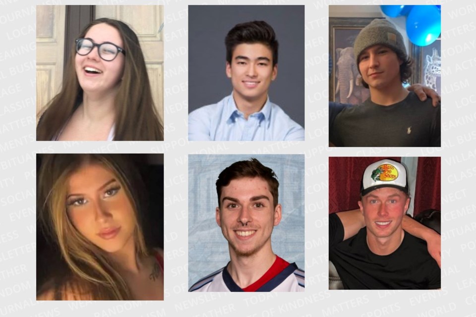 Clockwise from top left are Haley Marin, Jason Ono-O'Connor, River Wells, Curtis King, Luke West, and Jersey Mitchell. All six were killed in a car crash the morning of Aug. 27, 2022 in south-end Barrie. 