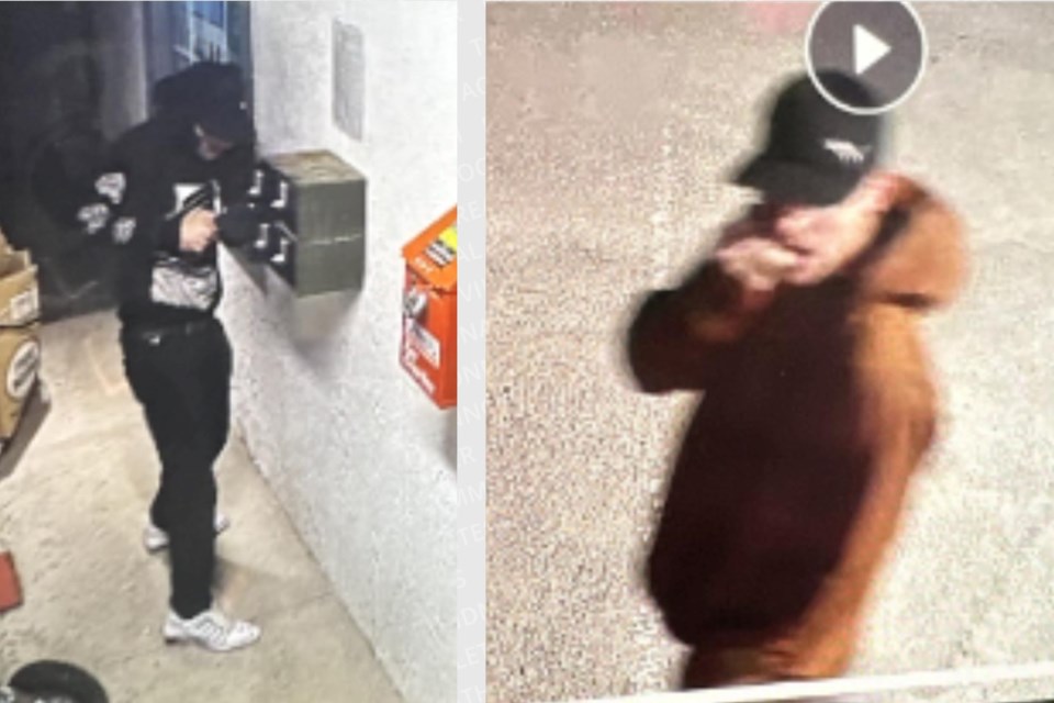 Police have released these surveillance images of two suspects wanted in connection to a vehicle theft on Essa Road early Saturday morning in Barrie. 