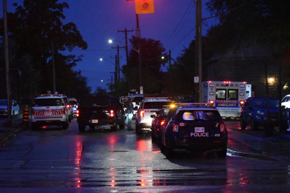 Barrie police investigate after a stabbing victim walked into a pub at Bradford and Victoria streets on Monday, Oct. 9, 2023. 