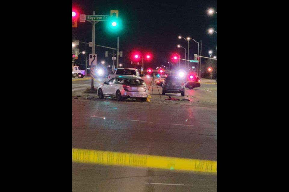 Barrie police investigate on Dec. 1, 2022 after multiple pedestrians were struck in a collision at the intersection of Mapleview Drive and Bayview Drive, near Sadlon Arena.