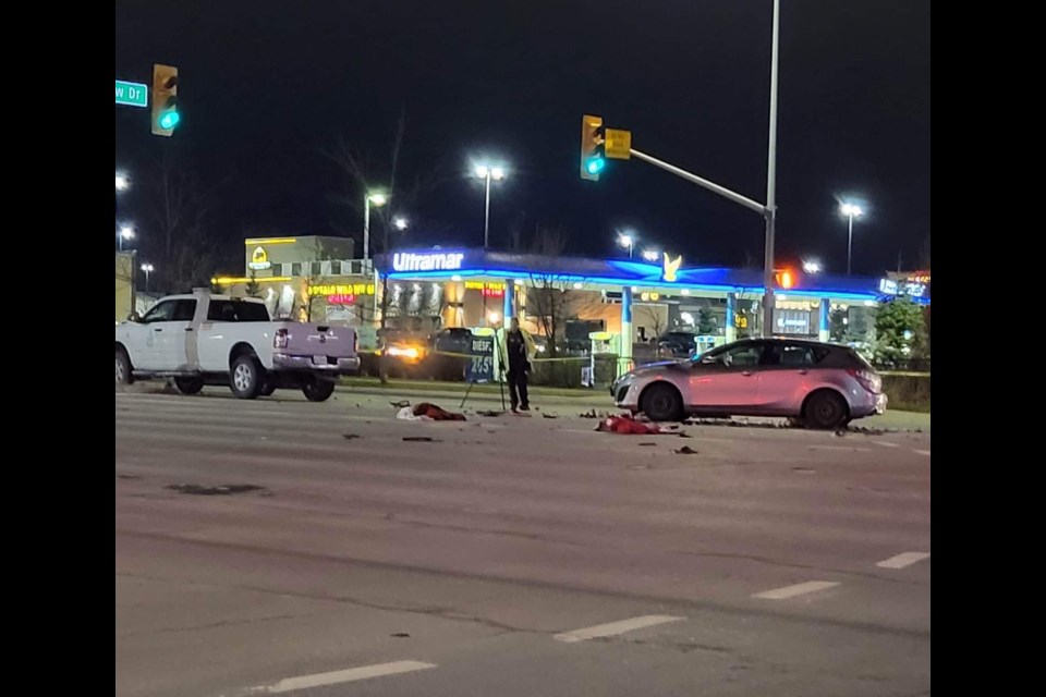 Barrie police investigate on Dec. 1, 2022 after multiple pedestrians were struck in a collision at the intersection of Mapleview Drive and Bayview Drive.
