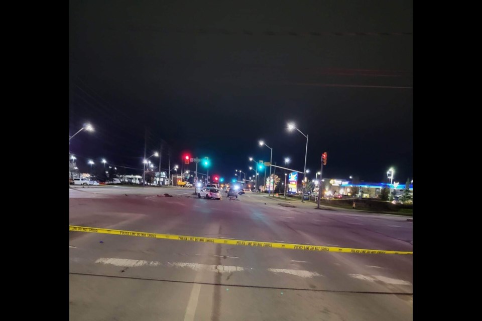 Barrie police investigate on Dec. 1, 2022 after multiple pedestrians were struck in a collision at the intersection of Mapleview Drive and Bayview Drive.