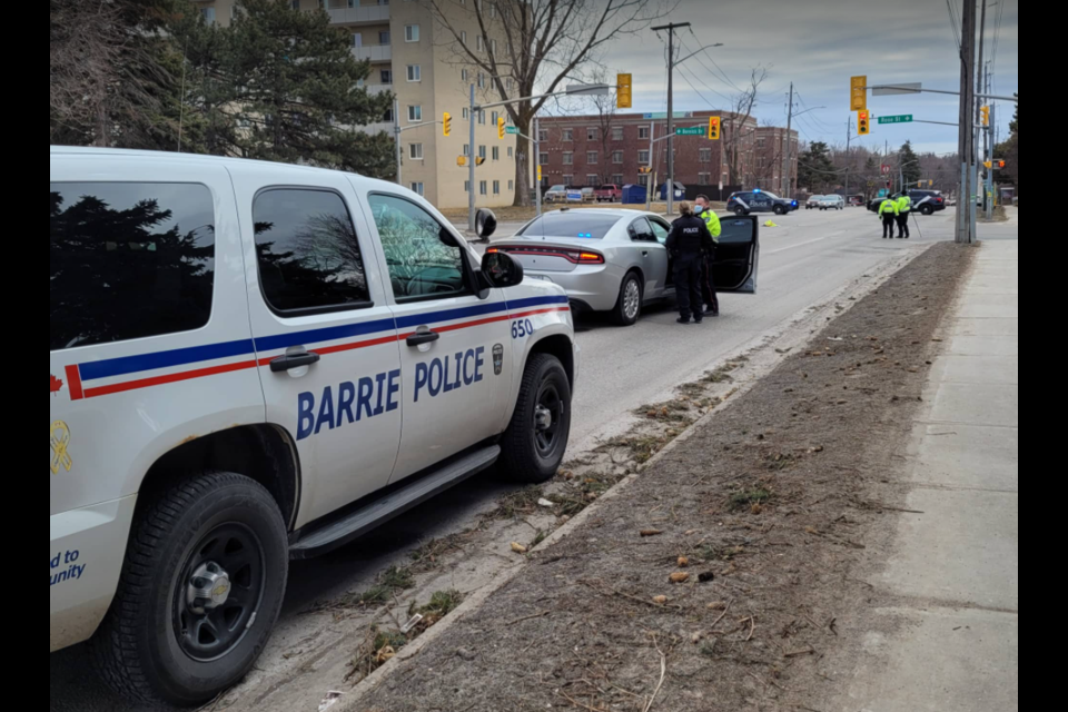 Barrie police investigate March 16 at the scene of a fatal crash involving a pedestrian on Duckworth Street.